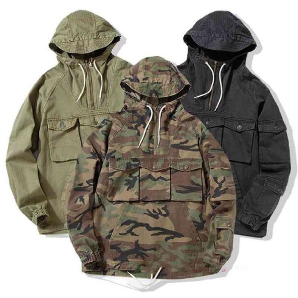 Pull à capuche de Camouflage de Style militaire, Hip Hop Cool Streetwear, veste à capuche Safari multi-poches, Trench Coat, 2021