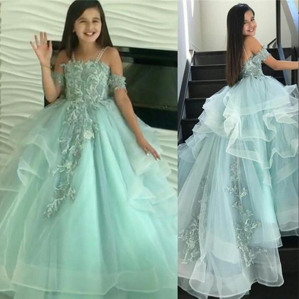 2021 Mint Turquoise Encantadores vestidos de niña de las flores para bodas Correas espaguetis Cuentas de encaje Hasta el suelo Volantes Tul Niñas Vestido de desfile Prom Niños Vestidos de comunión