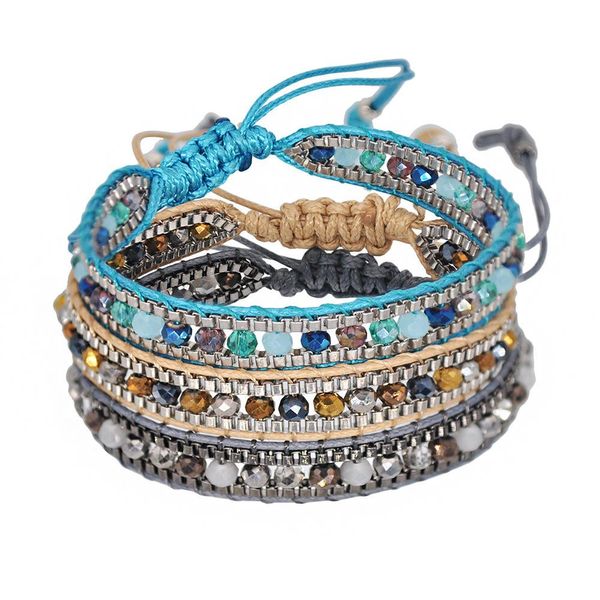 Bracelet tissé rétractable pour femme, perles de cristal de couleurs mélangées, corde multicouche, large chaîne, style national, 2021