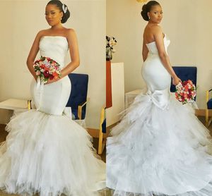 2021 vestido de novia africano moderno estilo sirena sin tirantes con volantes falda de tul cristal lazo grande satén vestido de novia de talla grande fiesta de mujer