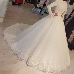 2022 Modest árabe musulmán vestido de novia de marfil princesa cuello alto manga larga apliques de encaje vestidos de novia islámicos Robe De Mariage