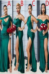 2021 Modest Emerald Green Side Split Vestidos largos de dama de honor Vestidos de fiesta de boda sexy Escote de diferencia Vestido de dama de honor barato C6030869