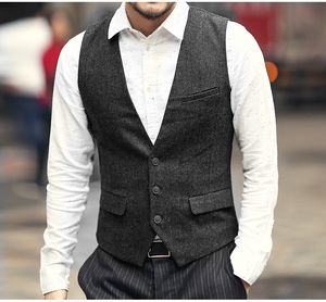 2021 Modeste Gris Nouveau Mariage Groom Gilets Laine Simple Boutonnage Herringbone Tweed Gilets Groomsmen Gilet Hommes Costume Gilets Gilet Cus310y