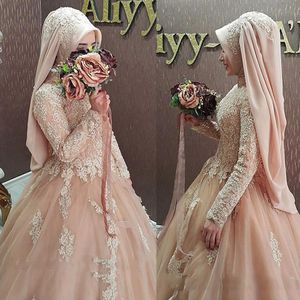 2021 bescheiden roze baljurk moslim trouwjurken met hijab lange mouwen islamitische Arabische kant trouwjurk bruidsjurken vestidos de novia