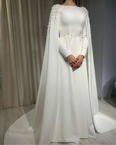 2021 Robes de mariée modestes avec cape robe de mariée satin manches longues bateau décolleté balayage train sur mesure plus taille cristaux paillettes robe de novia 401 401