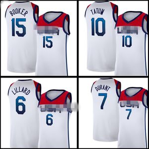 Maillot de basket-ball américain de l'équipe nationale 2021 Devin 15 Booker Kevin 7 Durant Damian 6 Lillard Jayson 10 Tatum Maillots Blanc Bleu Hommes S-XXL 9999