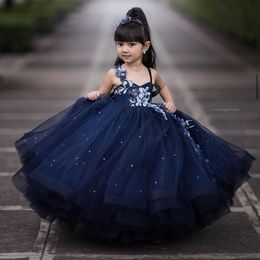 2021 bleu marine dentelle fleur fille robes perlées Spaghetti robe de bal Tulle Lilttle enfants anniversaire Pageant robes de mariée