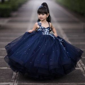 2021 Navy Blue Lace Flower Girl Jurken Beaded Spaghetti Baljurk Talle Lilttle Kids Birthday Pageant Weddding Jassen