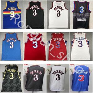 2021 NCAA Basketball Rotro Maillots Hommes Jeunes Enfants Allen 3 Iverson Jersey Cousu Bleu Rouge Blanc Noir