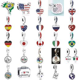 2021 NIEUWE 100% 925 Sterling Zilveren Dangle Hanger Fit DIY Meisje Armband Ketting Originele Charme Nationale Vlag Tour Sieraden Gift AA220315