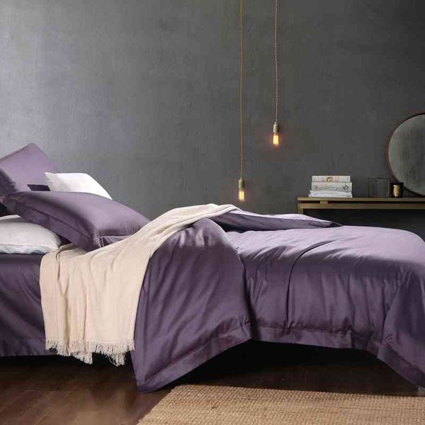 2021 nouveau 100 fils au pouce carré coton couleur unie quatre pièces housse de couette hôtel lumière luxe lit produits intégré ligne Kit