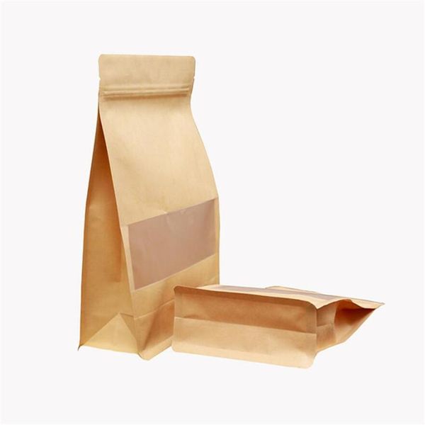 2021 nouveau 100 pièces/lot sac d'emballage en papier Kraft réutilisable debout pochette de rangement sacs avec fenêtre pour stocker des collations thé nourriture