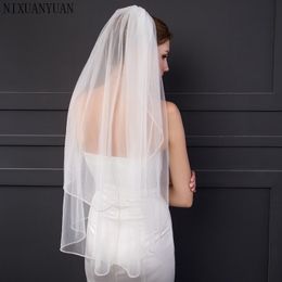 2021 Nieuwe 2-laags bruidsluiers met kam Velos de Novia Birdcage Wit Ivory Tule Beaded Edge Pearl Short Wedding Sluier X0726