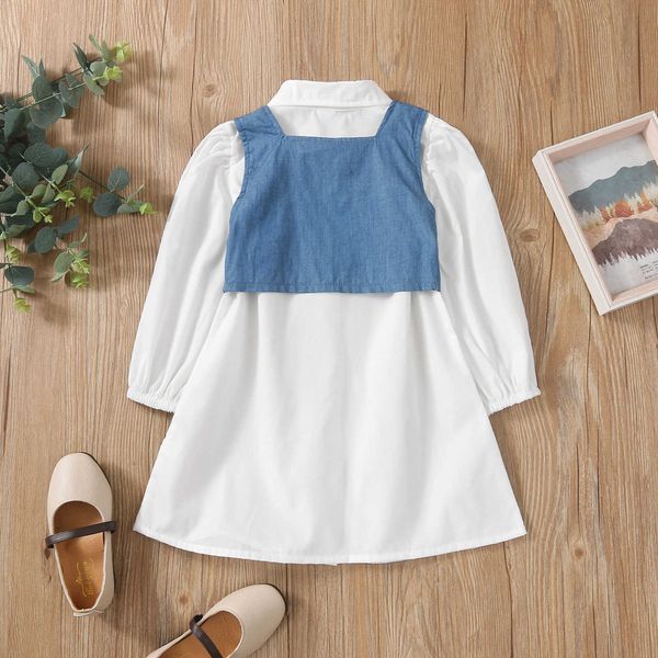 Conjunto de 2 piezas para niñas, vestido camisero de manga larga con solapa de Color sólido + chaleco vaquero con tirantes cruzados atados para niños de 1 a 6 años, G1026, novedad de 2021