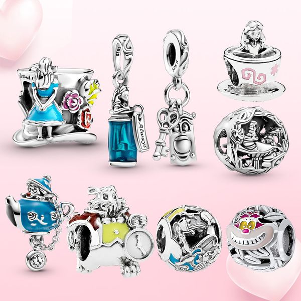 2021 NUEVO 925 Plata de Ley Alice Dangle charm tea party bead Mad Hatter charm Original Fit Pandora Pulsera mujer joyería