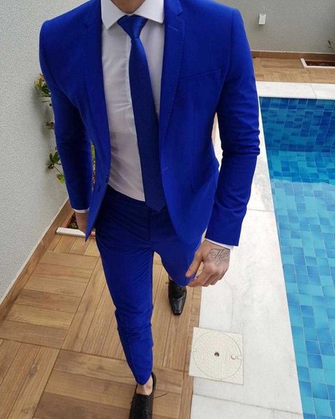 2021 Nouvelle Arrivée Bleu Royal Costumes De Bal Marié Smokings Dernières Conceptions De Pantalons De Manteau Hommes Costumes De Mariage Homme Slim Fit Veste + Pantalon + Cravate X0909