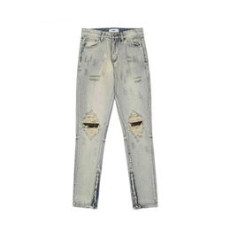 2021 Nouvelle arrivée trou solide déchiré patch slim hommes jean crayon pantalon hip hop lavé rétro fermeture éclair fentes denim pantalon Spodnie T220803