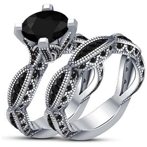 2021 Nieuwe Collectie Sprankelende Vintage Sieraden 925 Sterling Zilver Ronde Cut Black Sapphire Party CZ Diamond Women Bridal Weddinng Ring Set Gift