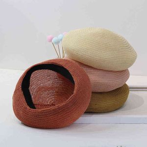 2021 Nouvelle Arrivée Béret De Paille Été Français Béret Chapeaux Pour Femmes Artiste Crochet Bérets Femme Mode Couleur Unie Capuchon Chapeau Casquettes J220722