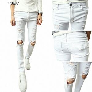 2021 Nuevo otoño Mié Rodilla Jeans con agujeros rayados para hombres Negro Casual Slim Fit Jeans rasgados Hombres Pantalones lápiz Tamaño M-XXL w0RC #