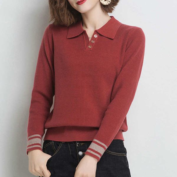 2021 nuevo Otoño Invierno mujer suéter de punto cuello vuelto botones de Color sólido suéter de manga larga Tops femeninos Y168 X0721