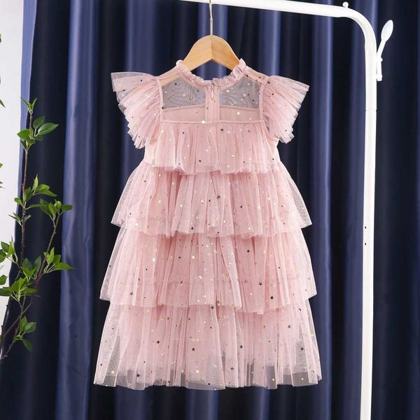 2021 nouveau bébé filles robe dentelle cinq étoiles paillettes enfant en bas âge vêtements d'été enfants robe de bal robe rose fête enfants vêtements, # 5931 Q0716