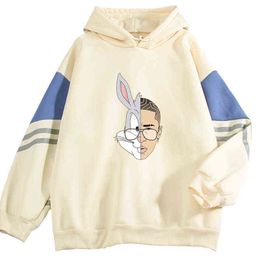 2021 New Bad Bunny Hoodies Sweatshirts Hommes / Femmes Populaire autocollant Streetwear Mode Casual Pulls Lâche Hip Hop À Capuche H1218