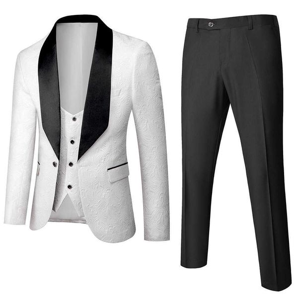 2021 nouveau Banquet Costume Homme Slim Fit robe de mariée Royal fumer veste + pantalon + gilet hommes damassé Jacquard tissu smoking X0909