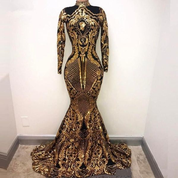 2021 Nuevo Bling Lentejuelas Mangas largas Vestidos de baile Sirena Cuello alto Vacaciones Desgaste de graduación Lentejuelas de oro negro Vestidos de fiesta de noche personalizados