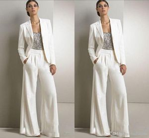2021 Nuevas lentejuelas brillantes Marfil Pantalones blancos Trajes Madre de los vestidos de novia Formal Gasa Esmoquin Mujeres Ropa de fiesta Nueva moda Mod2259