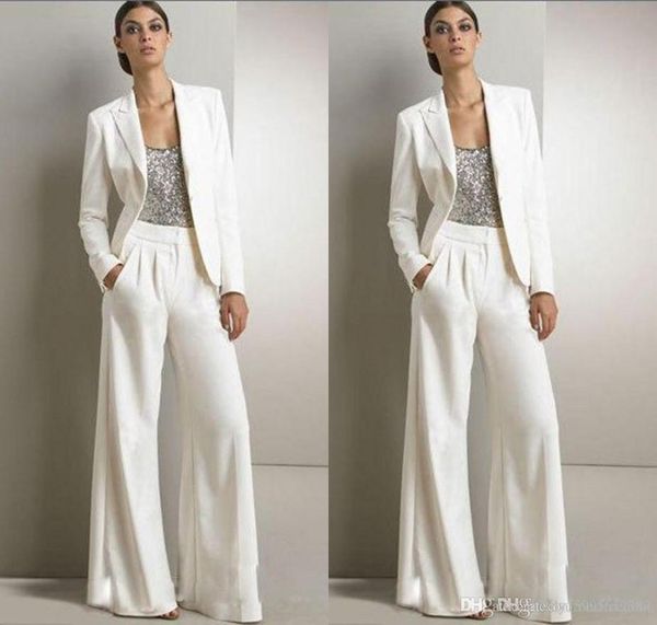 2021 Nuevas lentejuelas brillantes Pantalones blancos marfil Trajes Vestidos para madre de la novia Esmoquin de gasa formal Ropa de fiesta para mujer Nueva moda Mod9764906