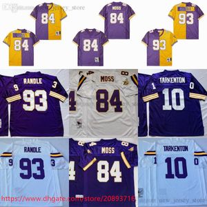 NCAA Throwback Football Jerseys 2000 División Bicolor 84 Randy Moss 1998 Vintage 93 John Randle 10 Fran Tarkenton Jerseys Retro cosido Amarillo Púrpura Blanco Jersey