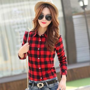 Merk Women Blouses Long Sleeve Shirts Cotton Rood en Black Flanel Plaid Shirt Casual vrouwelijke plus size blouse tops 210302
