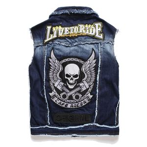 2021 nieuwe casual borduurwerk schedel heren denim vest mouwloze jassen mode patch ontwerp punk rock stijl gescheurde cowboy rafelige tanks