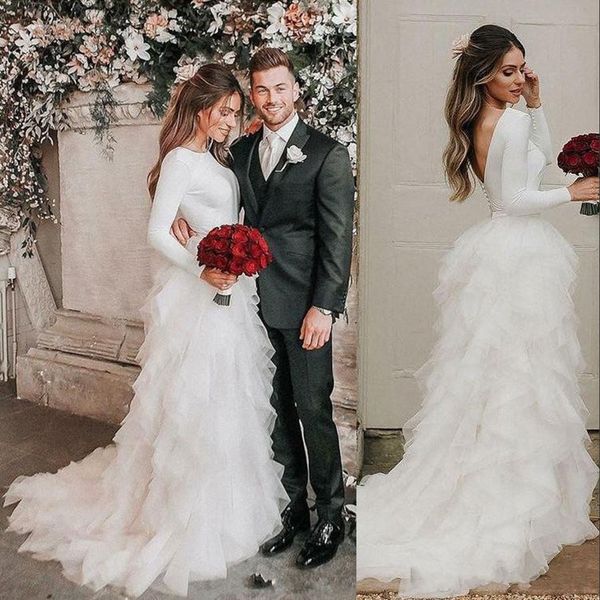 2021 nuevos vestidos de novia de país de manga larga Elegent baratos con volantes capas escalonadas vestidos de novia de tul Vestidos de talla grande vestido de novia bohemio