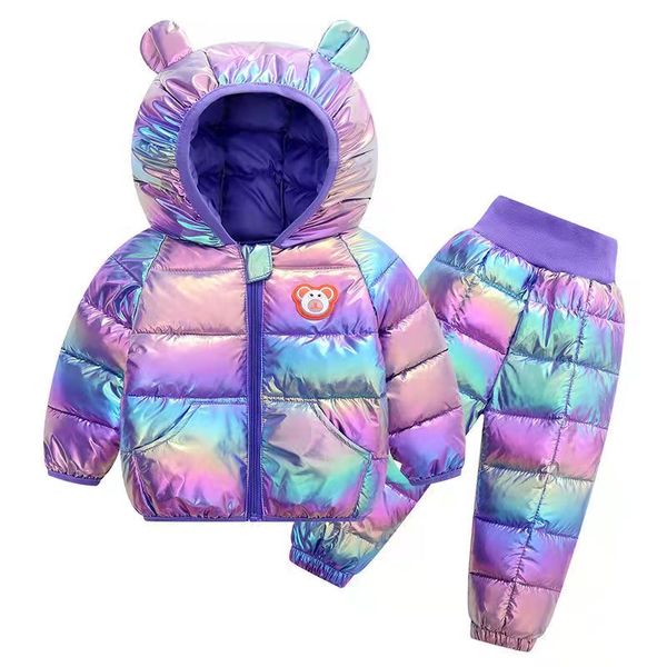 2021 neue LED-Licht Kinderkleidung Sets Winter Mädchen und Jungen mit Kapuze Baumwolle Daunenjacken Mantel-Hose Overalls Anzug für warme Kinderkleidung