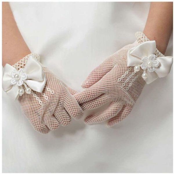 Gants de princesse de mariage pour enfants, en maille, avec nœud d'étiquette, en dentelle kaki blanc, avec perles et fleurs, pour fête, nouvelle collection 2021