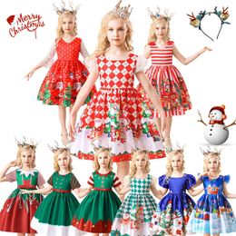 2021 nouvelle robe de noël pour filles enfant en bas âge cerf bandeau 2 pièces enfant Santa imprimer robes pour fille noël fête princesse robe G1026