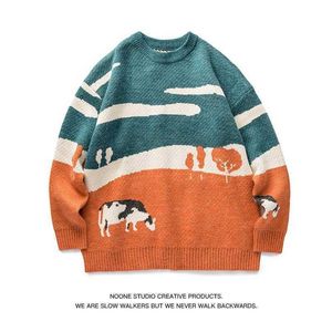 2021 Nieuwe Koe Patroon Jacquard Ronde Hals Trui Pullover Kleur Bijpassende Casual Trui Y0907