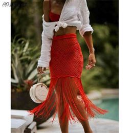 2021 nouveau Crochet couleur unie tricoté plage couvrir jupe été femmes vêtements de plage tricot maillots de bain maille plage robe tunique 210319
