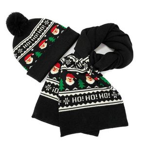 2021 Nieuwe schattige meisjes kerst Santa Claus flening gebreide hoeden met bont ballen dames xmas herfst winter warme sjaal halsdoek hoed set