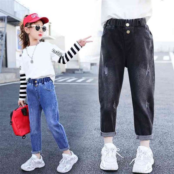 2021 New Denim Pant Design Kids 4-13 años Sólido Negro High Cintura Jeans Ropa para niños Chicas Pantalones casuales Pantalones elásticos 210317