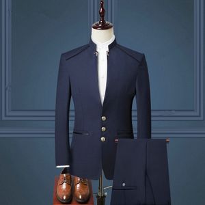 2021 nuevo diseño azul marino hombres trajes de boda cuello levantado Slim Fit novio esmoquin vestido de hombre graduación padrino Blazer 2 piezas conjunto