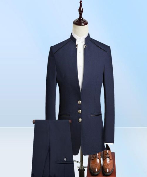 Costumes de mariage bleu marine pour hommes, nouveau Design, col montant, coupe cintrée, Tuxedos de marié, robe de bal, Blazer 2 pièces, ensemble 2021, 5370114