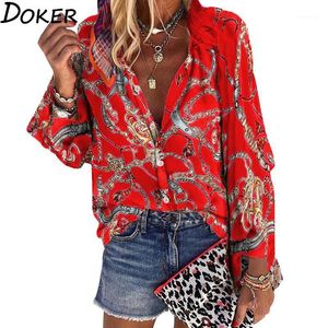 2021 nuevo diseño de talla grande, blusa para mujer, cuello en V, manga larga, estampado de cadenas, camisas informales holgadas, Tops y blusas para mujer1