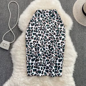 Nieuw design hoge taille mode luipaard print bodycon tuniek voor dames potlood midi lange rug vent jag rok SMLXL