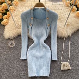 Nieuw ontwerp dames retro vierkante kraag lange mouwen mohair wol gebreide warme sexy bodycon tuniek korte trui jurk