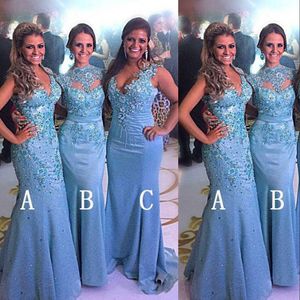 2021 Nieuwe verschillende stijlen Bruidsmeisjekleding voor bruiloften Lace Appliques Crystal Beads Sky Blue Mermaid Party Lengte Maid Honor Togels