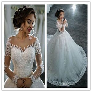 2021 Nouveau Dubaï Élégant Manches Longues A-ligne Robes De Mariée Sheer Ras Du Cou Dentelle Appliques Perlée Vestios De Novia Robes De Mariée wit204W