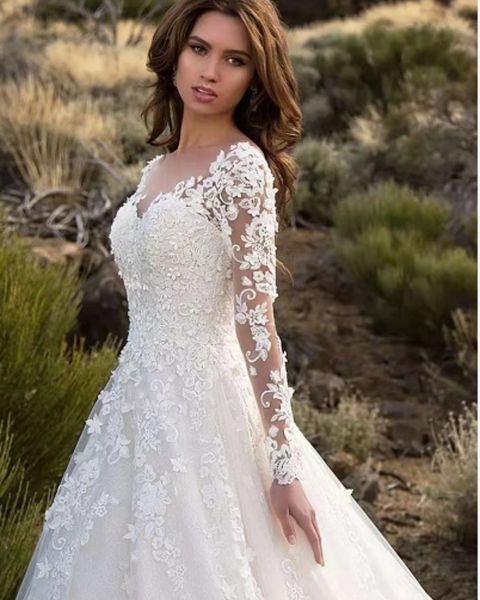 2021 Nouveau Dubai élégant manches longues une ligne robes de mariée pure col rond dentelle appliques perlées Vestios de Novia robes de mariée wit306E